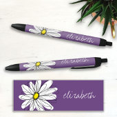 Stylo Noir Texte personnalisé marguerite mauve et jaune