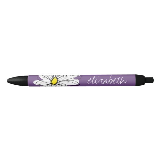 Stylo Noir Texte personnalisé marguerite mauve et jaune (Devant)