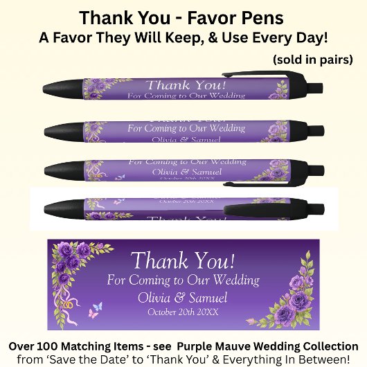 Stylo Noir Thank You, Purple Mauve Flowers & White Wedding