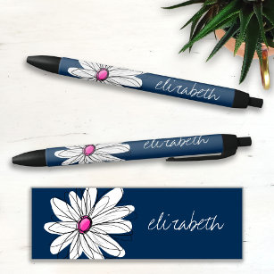 Stylo Noir Trendy Daisy Floral Illustration - navy and pink