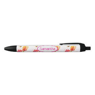 Stylo Noir Tulipe rouge rose aquarelle et nom de filles abeil