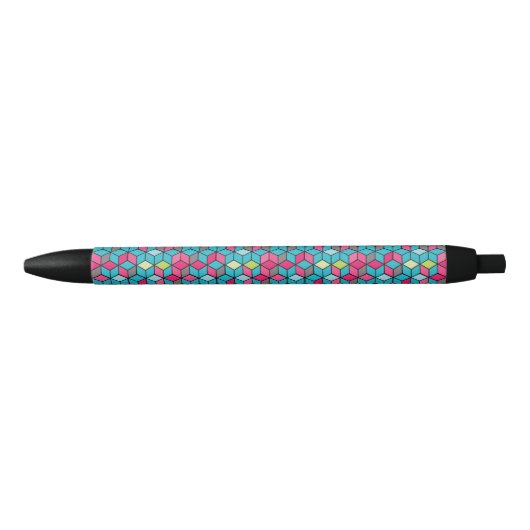 Stylo Noir Turquoise et motif rose de cube (Devant)