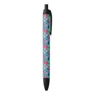 Stylo Noir Turquoise et motif rose de cube