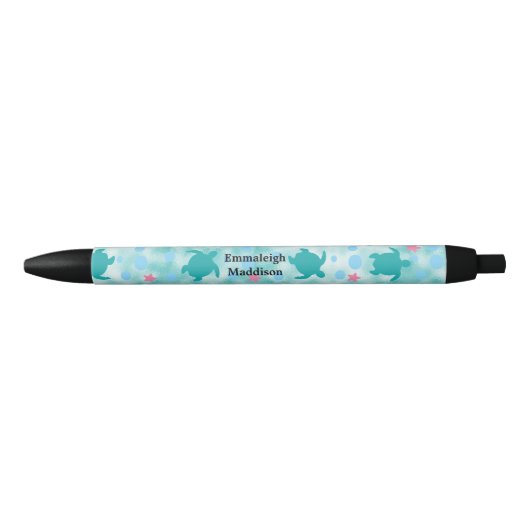 Stylo Noir Turquoise Turtle rose Star Motif Monogramme (Devant)