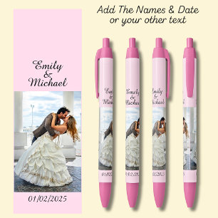 Stylo Noir Une photo, Nom Date, votre texte sur rose doux, ro