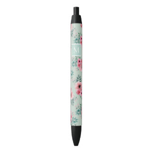Stylo Noir Vert menthe   Chic Aquarelle Floral Monogramme