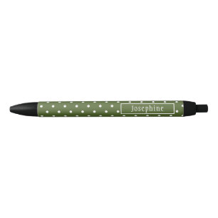 Stylo Noir Vert olive et pois blancs avec nom
