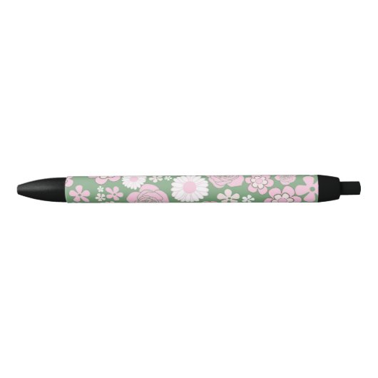 Stylo Noir Vert rose blanc rétro Y2K les années 70 Fleur Moti (Devant)
