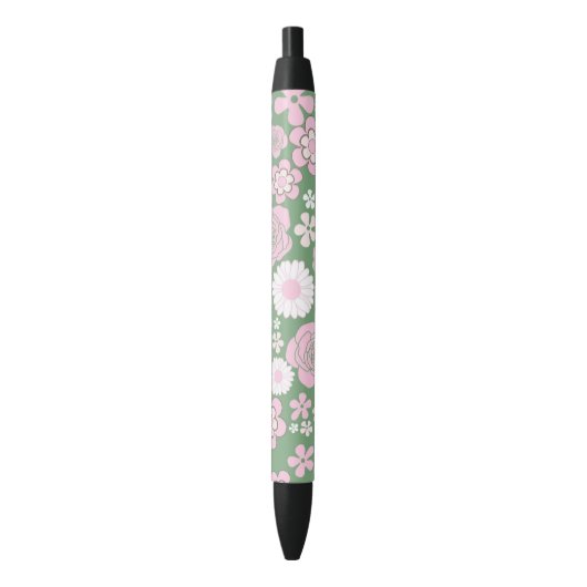 Stylo Noir Vert rose blanc rétro Y2K les années 70 Fleur Moti (devant Vertical)