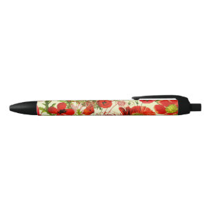 Stylo Noir Vintage Red Green Poppies Fleurs sauvages d'été