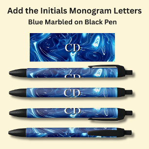 Stylo Noir Vos Initiales Monogramme Bleu Marbré