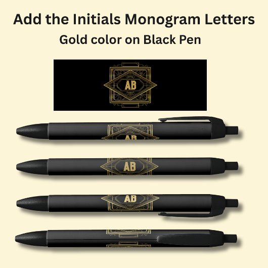 Stylo Noir Vos initiales Monogramme Or Géométrique sur Noir