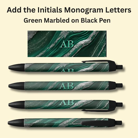 Stylo Noir Vos initiales Monogramme Vert Marbré
