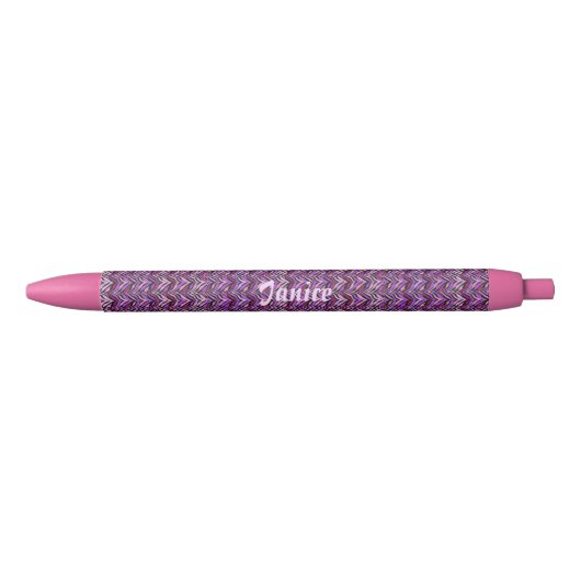 Stylo Noir Zèbre rose et violet rayé, personnalisé (Devant)