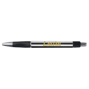 Stylo Nom de script en faux or élégant rayures noires et