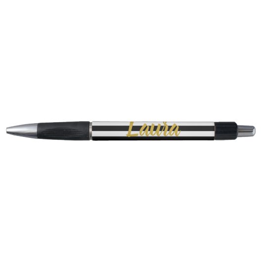Stylo Nom de script en faux or élégant rayures noires et (Devant)