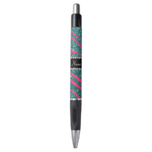 Stylo Nom rose zèbre rayures turquoise parties scintilla