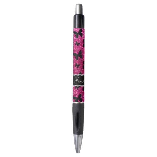 Stylo Papillons de parties scintillant rose-chaud de nom (Devant (Vertical))