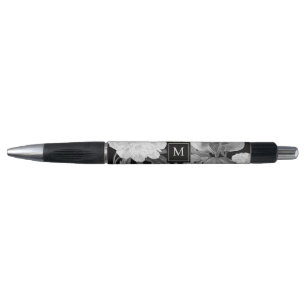 Stylo Peonies noires et blanches Aquarelle Monogramme fl
