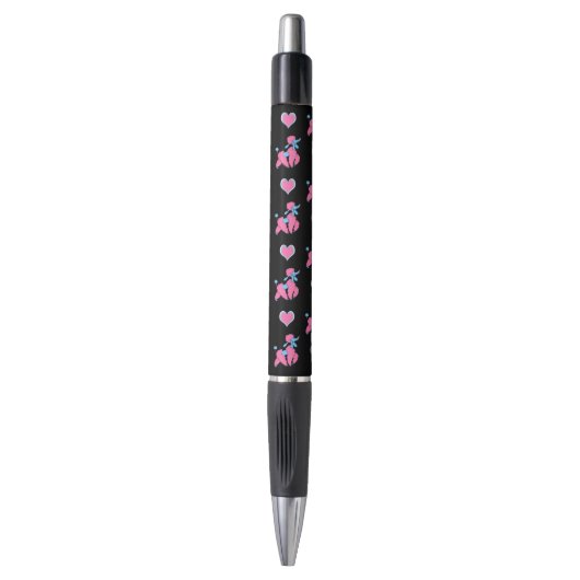 Stylo Poodles et Coeurs roses et bleus sur Noir (Devant (Vertical))