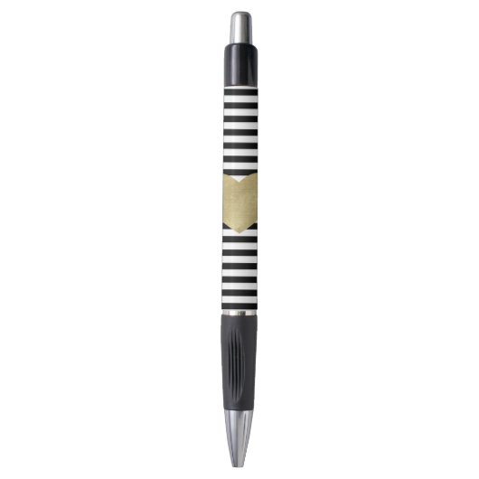 Stylo Rayures noires et blanches avec le coeur d'or (Devant (Vertical))
