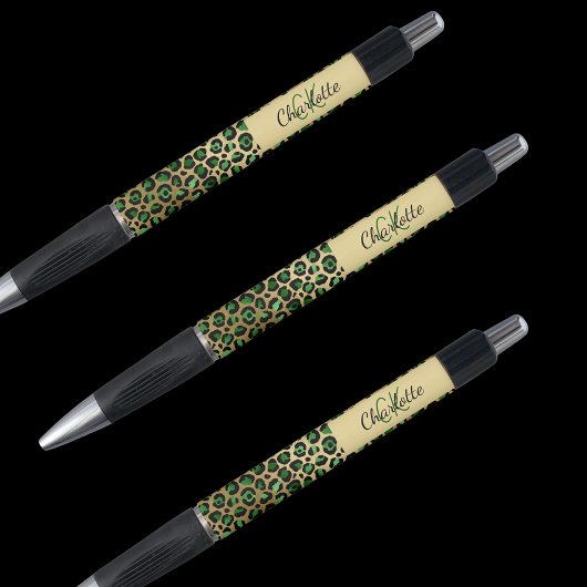 Stylo Signature nom monogramme or vert léopard