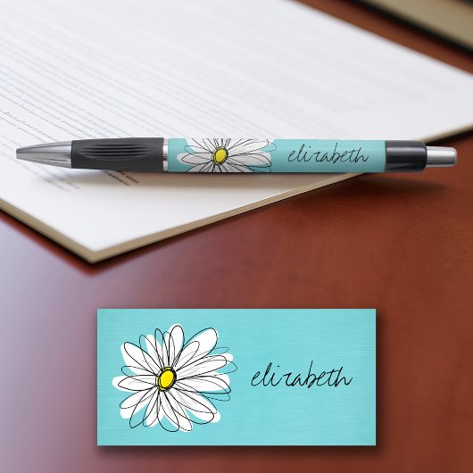 Stylo Texte personnalisé Aqua et Jaune Whimsical Daisy