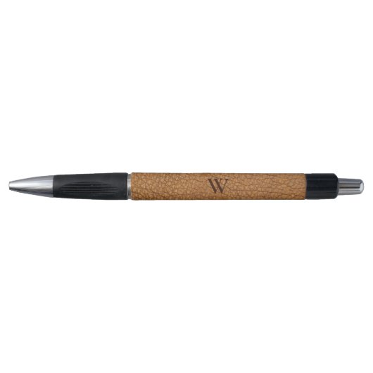 Stylo Texture de cuir marron avec nom monogrammé (Devant)