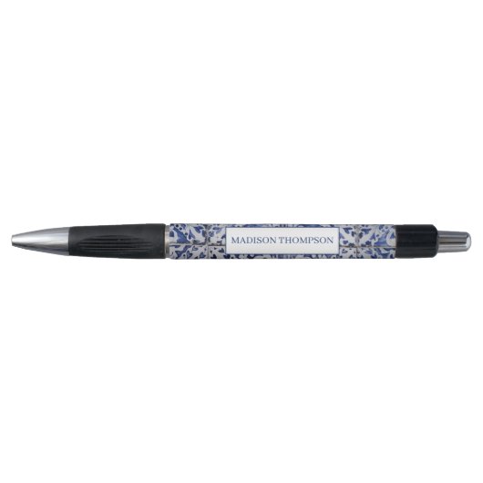 Stylo Tuiles portugaises - Azulejo Floral bleu et blanc (Devant)