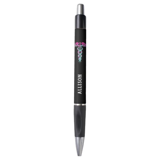 Stylo Turquoise de rose du caducée de l'infirmière (Devant (Vertical))