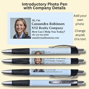 Stylo Votre photo & détails d'introduction sur fond bleu