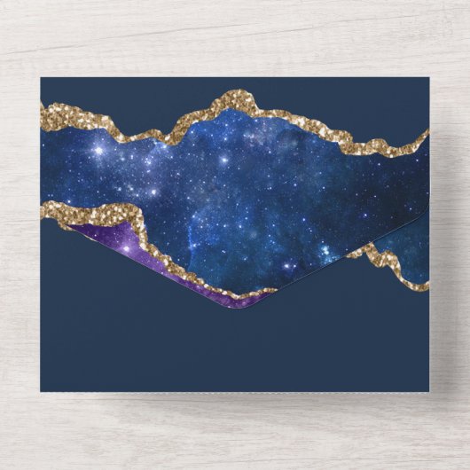Sublime Agate Blauwe Gouden TROUWSUITE All In One Uitnodiging (Achterkant)