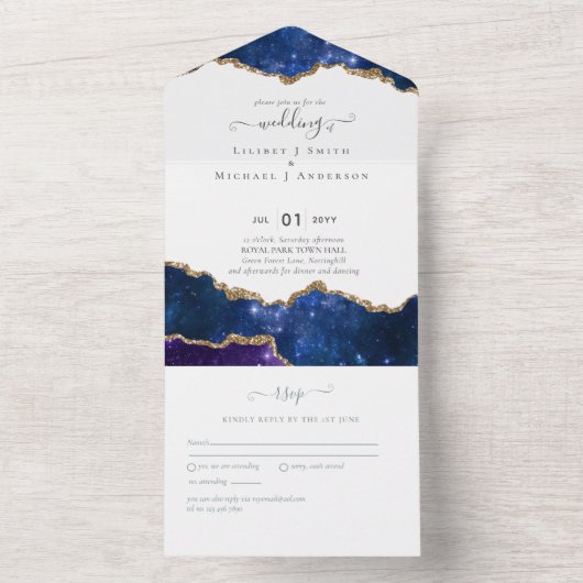 Sublime Agate Blue Gold WEDDING SUITE All In One Uitnodiging (Binnen)
