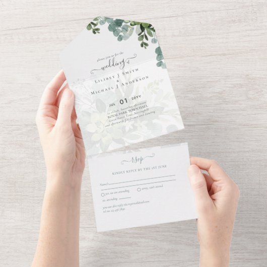 Sublime Dusty Blue GREENERY Eucalyptus WEDDING All In One Uitnodiging (Afscheurbaar)