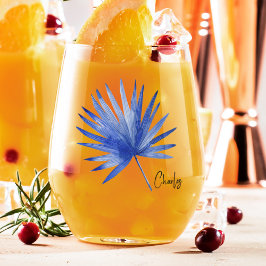 Subtiele elegante naam op kobalt tropisch palmblad wijnglas zonder voet