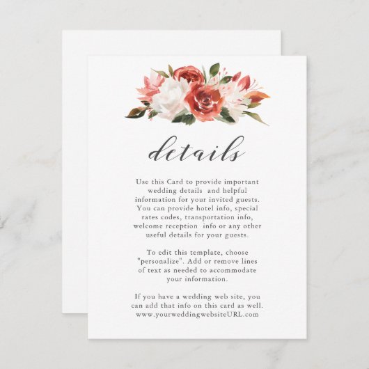 Subtiele rode en witte bloemenbruiloft Details Informatiekaartje (Voorkant / Achterkant)