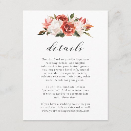 Subtiele rode en witte bloemenbruiloft Details Informatiekaartje (Voorkant)
