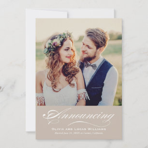 Subtiele Taupe Calligrafie Foto Ontvangst Kaart