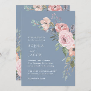 Subtiele Waterverf Rozen Dusty Blue Wedding Kaart