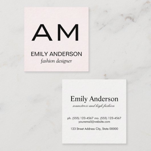 Subtil patroon roze met monogram vierkante visitekaartje (Voorkant / Achterkant)