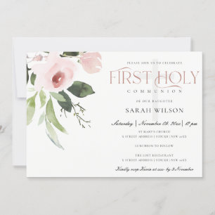 SUBTLE BLUSH PINK ROSE FLORA EERSTE HOLY COMMUNION KAART
