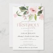 SUBTLE BLUSH PINK ROSE FLORA EERSTE HOLY COMMUNION KAART (Voorkant)