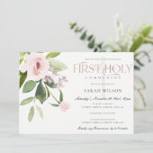 SUBTLE BLUSH PINK ROSE FLORA EERSTE HOLY COMMUNION KAART (Staand voorkant)