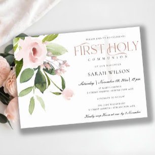 SUBTLE BLUSH PINK ROSE FLORA EERSTE HOLY COMMUNION KAART