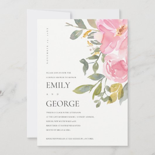 SUBTLE BLUSH PINK ROSE FLORAL COUPLE SHOWER KAART (Voorkant)