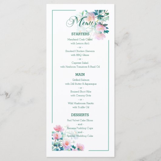 Subtle Botanical Blush Pink Peony Flowers Wedding Menu (Voorkant)
