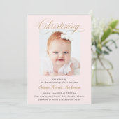Subtle Cross Dusty Pink Script Christening Foto Kaart (Staand voorkant)