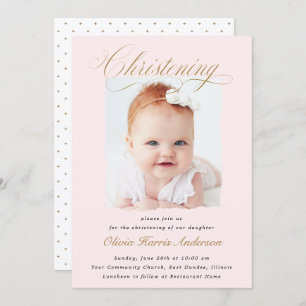 Subtle Cross Dusty Pink Script Christening Foto Kaart