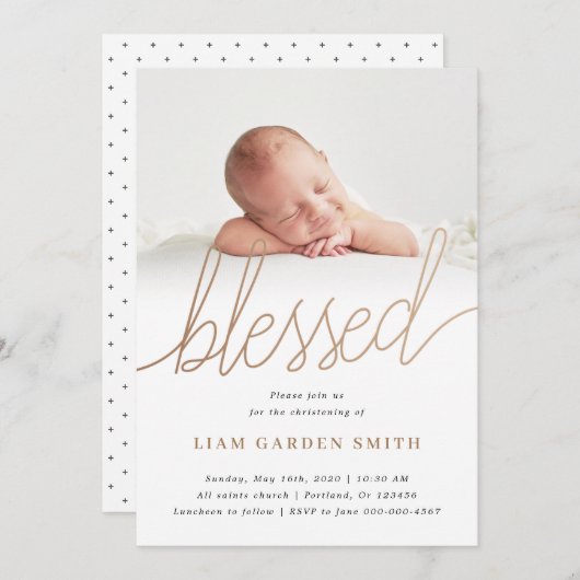 Subtle Cross Script Handwriting Christening Foto Kaart (Voorkant / Achterkant)