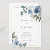 Subtle Dusty Blue & Cream Floral Wedding Invitatio Kaart (Voorkant / Achterkant)